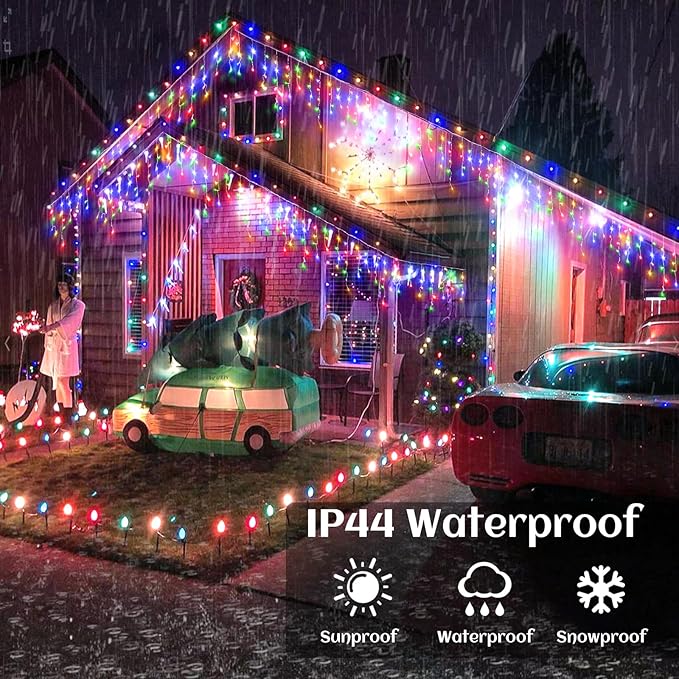 Icicle lights Outdoor - 33ft Christmas Lights with 400LED 75 Drops 8 Modes, Plug in Curtain String Lights Waterproof for Holiday Wedding Party Home Garden Bedroom Indoor Outdoor Decoration, Multicolor