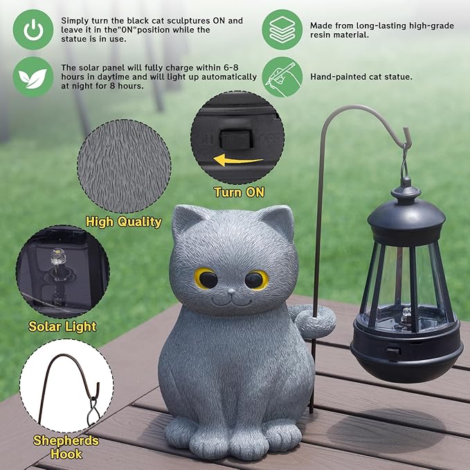 Solar Garden Statue Cat Figurine, Grey Cat Outdoor Statue Garden Decor with LED Light for Yard Patio Lawn Balcony Ornament, Home Decor Housewarming Gifts for Mom Grandma Dad