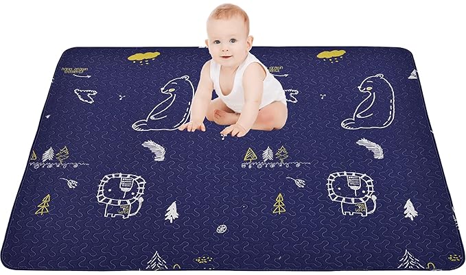Machine Washable Baby Play Mat 63x43”, Baby Playpen Mat Extra Large, Foldable Baby Play Mats for Infants, Toddler Playing Rug Pad, Non Slip Crawling Mat for Floor Dark blue-bear