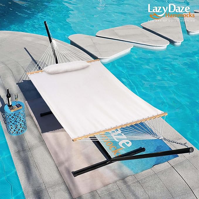Lazy Daze 12 FT Sunbrella Fabric Hammock not Fading with Spreader Bars and Free Pillow Fits for Two Persons, All Weather and Fade Resistant for Patio Yard, 450 lbs Weight Capacity,Cast Pumice