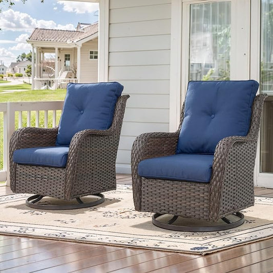 Outdoor Swivel Rcoker Patio Chairs - Outdoor Swivel Patio Chairs Set of 2 Wicker Chair Patio Furniture Sets with Covered Cushion for Porch Deck Balcony Garden, Blue