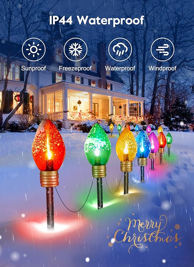 4 Pack Christmas Lights Jumbo C9 Outdoor Lawn Decorations with Pathway Marker Stakes, 10.5Ft C7 Lights Covered Jumbo Glitter Multicolor Bulb for Holiday Outside Yard Garden Decor