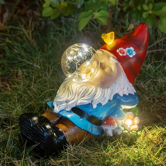 Solar Garden Statue Gnome Figurine Lights, Funny Sleepy Gnomes Dreaming, Outdoor Garden Decorations for Patio Porch，Gifts for Women Mum
