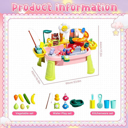 2026 Upgraded Toddler Sand Water Table Toy with Electric Water Pump, Kids Sand Water with Faucet/Play Food Accessories/Fishing Toy, Kitchen Play Sink Toys for Girl Boy Age 3+