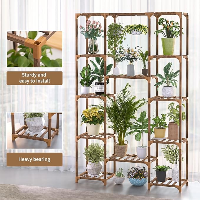 Uneedem Plant Stand Indoor Outdoor, Tall Plant Shelf for Multiple Plants, 12 Tiers 14 Pot Large Plant Rack Wood Plant Holder Plant Shelves for Room Corner Balcony Garden Patio