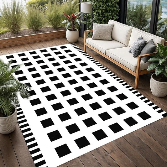 WILDROOTS 5x8 Feet Horizontal Edge Check Plastic Outdoor Rug, Stain Resistant Waterproof Reversible Outdoor Patio Rug, Fade Resistant Camping Rug