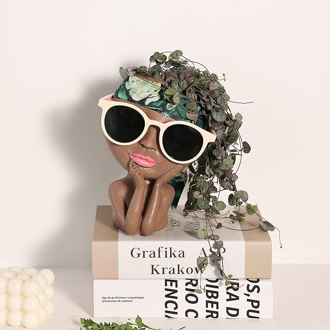 AIMEBBY Face Planter Pot - Face Flower Pots for Indoor and Outdoor Plants - Resin Head Planter Pots with Drainage Hole (Medium Size)-Black…