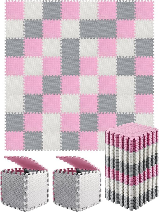 Shihanee Foam Floor Baby Tiles Foam Floor Mats Play Mats Bulk with Borders Interlocking for Kids Baby Playroom Nursery Gym (White, Gray, Pink,64ft)
