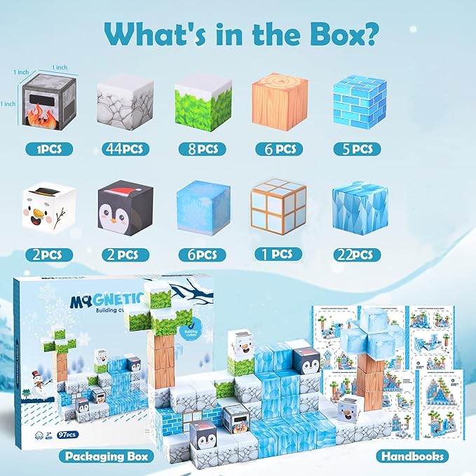 Magnetic Blocks Large Size 1-Inch 97 PCS – Winter Forest Theme Stacking Magnets STEM Learning Toys, Educational Construction Kit for Kids, Boys & Girls Age 3 4 5 6 7 8 9 10, Creative Magnet Cubes Set