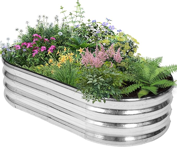 Galvanized Raised Garden Bed Outdoor - 4×2×1ft Planter Raised Beds for Gardening | Oval Metal Garden Planter Box with Safety Edging and Gloves for Vegetables Fruits and Flowers (Silver)