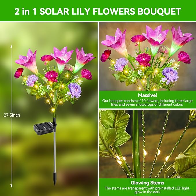 Solar Flowers Lights Outdoor Waterproof, 2 Pack 2 in 1 Solar Lily Flowers Bouquet for Garden Decor, Multi LED Color Changing Garden Lights Outdoor for Pathway Yard Patio Decoration