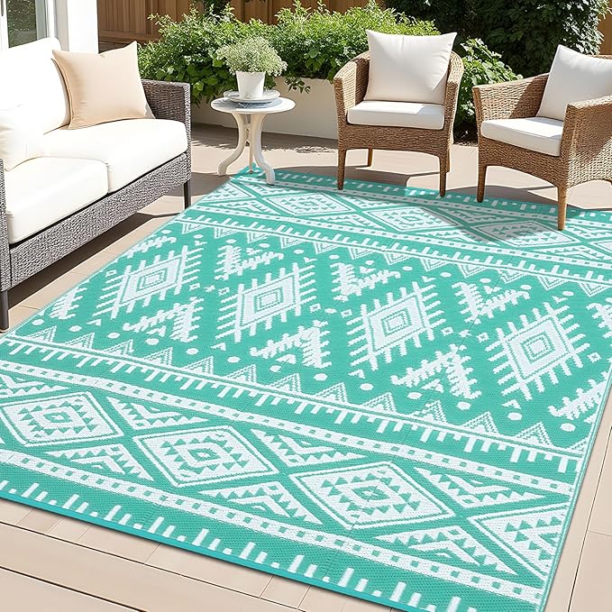 OLANLY Outdoor Rug Waterproof 6x9 ft, Reversible Outdoor Plastic Straw Rug, Boho Patio Rug, Indoor Outdoor Carpet, RV Mat Outside for Patio, Camp, Picnic, Balcony, Deck, Backyard, Turquoise & White