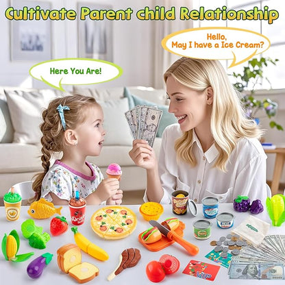 68PCS Grocery Store Play Food Sets for Kids Kitchen, Cutting Toy Food with Shopping Bags Calculator for Kids Toddler Pretend Food with Pizza Veggies Fruits Fake Food Play Kitchen Accessories Girl Gift