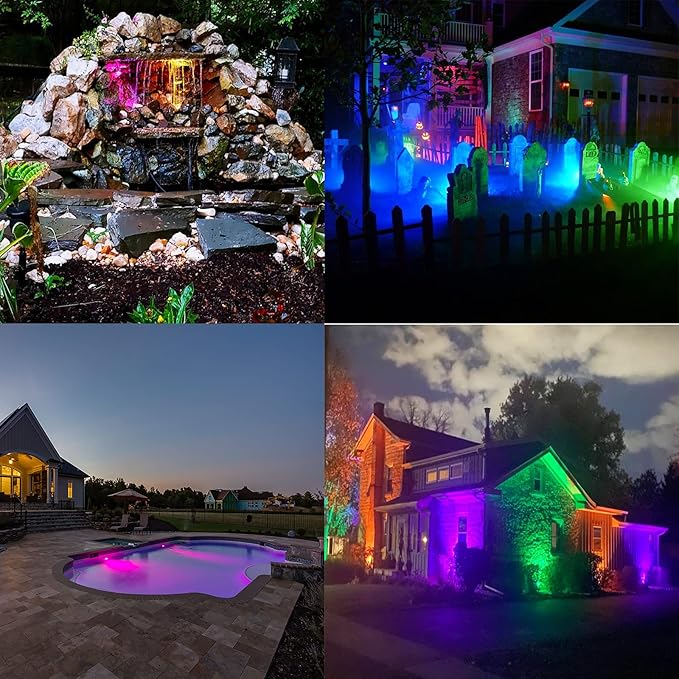 Outdoor Lights,10w Spot Lights Outdoor with US Plug and Remote Control,Dimmable Halloween Decor Christmas Lights Outdoor,Waterproof Spotlight with Timer（Light Color is Mixed, NOT Pure RGB）