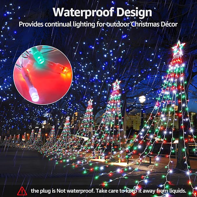 BlcTec Outdoor Christmas Lights 344 LED Christmas Star Lights with 9 Strands 11.9ft Waterfall Tree Lights, 8 Modes, Waterproof & Timer for Garden Yard Patio Outdoor Xmas Decorations，Red Green White