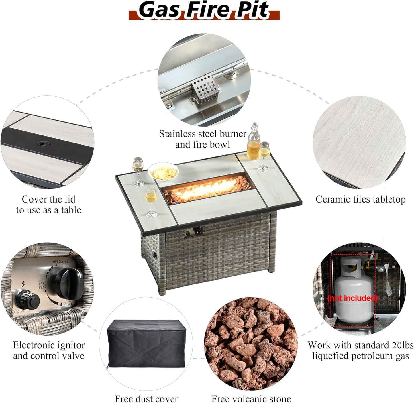 HOOOWOOO 9 Piece Modular Patio Outdoor Sectional Furniture Set with Gas Propane Fire Pit Table,Wicker Conversation Sofa Set with Swivel Chairs,Outside Couch Set(Orange Red)