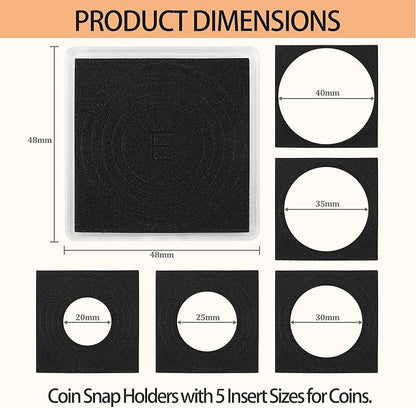 60 Pcs Coin Holders for Collectors, Clear Coin Cases with 5-Size Sponge Gaskets 20/25/30/35/40mm, Plastic Coin Slabs and Coin Protectors for Silver Dollar Collectors Collection Supplies, Black