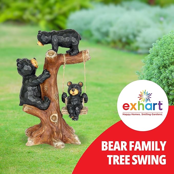 Exhart Garden Sculpture, Bear Family Tree Garden Statue with Real Swing, Outdoor Lawn and Yard Art Decoration, 9 x 6.5 x 14 Inch