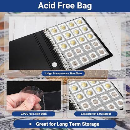 600 Pockets Acid Free Coin Sleeves, Non Stick and Non Glare, Fit for Coin Flips 2x2 inch, 3 Ring Binder Sleeves Clear Plastic Stamp Collecting Supplies, 30 Pack