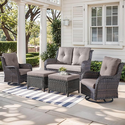 Outdoor Wicker Patio Furniture Set - 5 Piece Rattan Patio Conversation Set with 2 Rocking Swivel Chairs,2 Ottomans and 1 Loveseat for Porch Deck Backyard Garden(Brown/Grey)