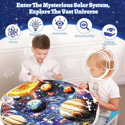 Glow in The Dark Solar System Jigsaw Puzzles for Kids Ages 4-8, 70 Pieces Kids Space Planet Floor Puzzle Toys Ages 8-10, Large Round Educational Puzzle Toys Gifts for Boys Girls Children