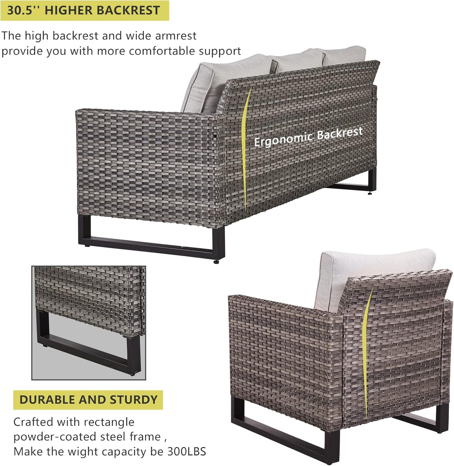 HUMMUH 6 Piece Patio Furniture All Weather Wicker Outdoor Sectional Sofa,High Back Patio Chairs,Coffee Table and Ottomans Set for Porch,Garden,Backyard