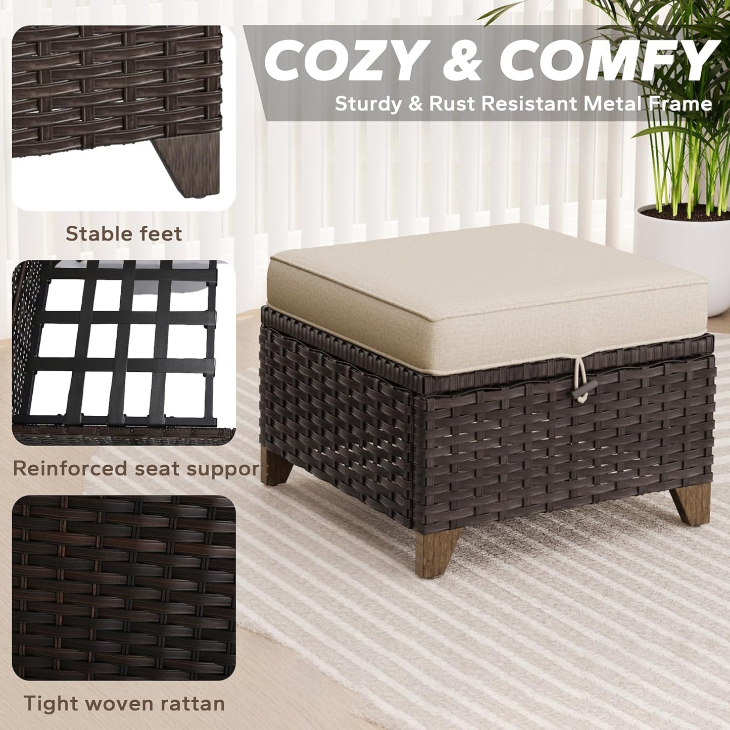 2 Pieces Patio All-Weather Wicker Ottomans with Cushions, PE Rattan Outdoor Conversation Furniture Set for Backyard, Deck, Lawn (Beige)