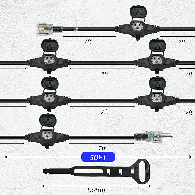 50FT 16 Gauge Power Extension Cord,7 Spaced Outlet Cable.Multi Outdoor Evenly-Spaced Plugs,Power Cord Splitter,Ideal for Holiday Decoration and Christmas Light,ETL Listed