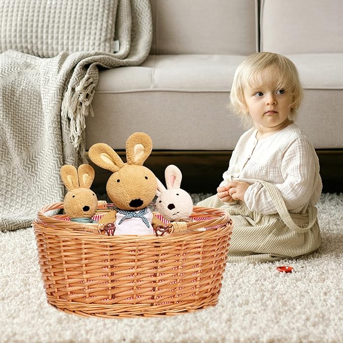 Wicker Picnic Basket with Double Folding Handles, Natural Large Willow Hamper Empty Basket Cheap Easter Eggs Candy Storage Wine Basket for Toy, Flower, Wedding（Red 16inch）