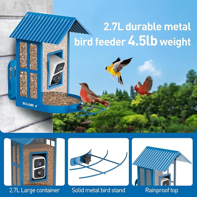 Bird Feeder with Camera with AI Identify Species, Wild Bird Watching, 2K Live View, Instant Arrival Alerts with 5W Solar Powered-Soliom BF08 Metal Blue