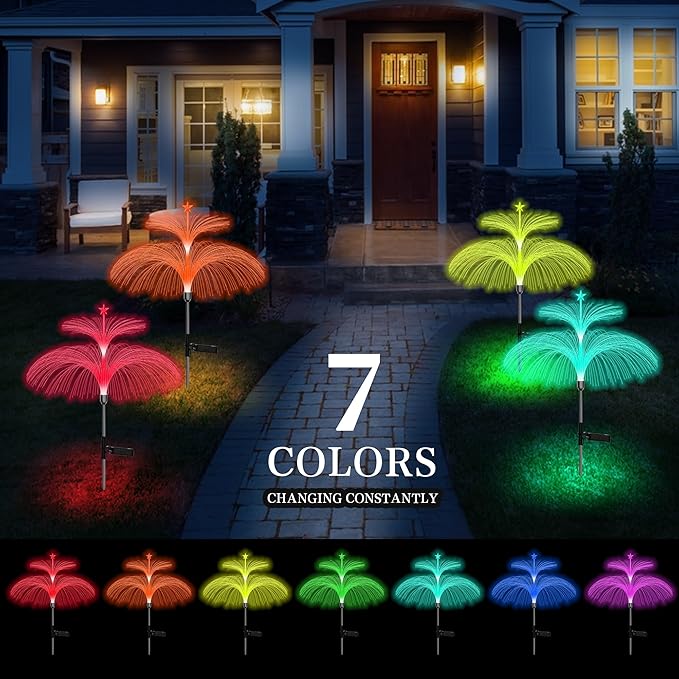 Solar Fiber Optic Double Layer Jellyfish Lights - Star Firework Meteor Shower Ambient Waterproof Path Lights, 7 Color Changes, Sway with The Wind, for Yard Pathway Landscape Decor (4 Pack)