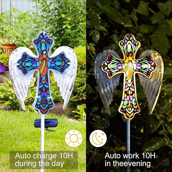 YJFWAL Solar Glass Cross Garden Stake Light, Cemetery Decorations for Grave Outdoor Lights, Jesus Cross Angel Wings Sympathy Memorial Gifts, for Easter Halloween Garden Lawn Yard Patio Decor