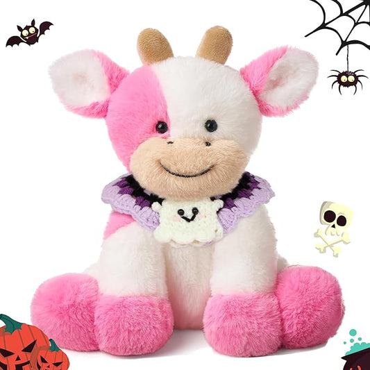 Hopearl Adorable Halloween Plush Cow Toy with Knitted Cute Ghost Bib Floppy Dairy Cattle Soft Stuffed Animal Gifts for Boys Girls Kids Toddlers, Pink, 9''