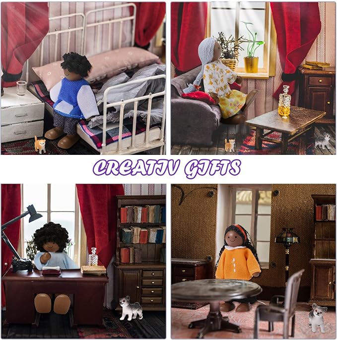 Skylety 10 Pcs Wooden Dollhouse Set of Mini People Figures Dollhouse Dolls Wooden Doll Play Figures Accessories(Cute Style)