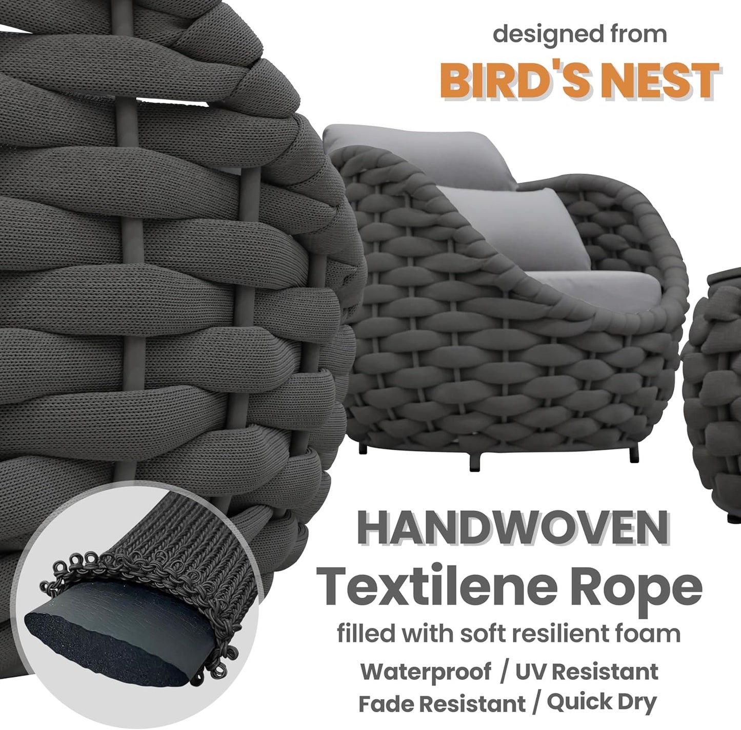 Woven Rope Patio Furniture Set: 4 Pieces Aluminum Outdoor Conversation Sofa Set Assembled - Modern Deck Couch Set Cushioned - All Weather Metal Porch Seating for 5 Person Garden Pool Yard Hotel