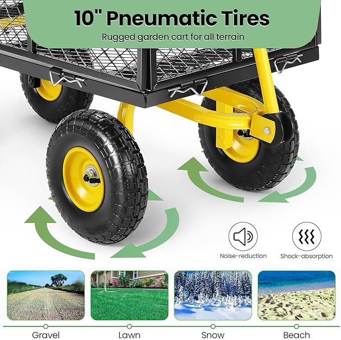 Homdox MAX 880 Lbs Garden Cart, Heavy Duty Foldable Mesh Steel Garden Wagon with 180° Rotating Handle and 10 Inch Tires, Pullable Yard Cart for Yard Garden Beach Farm, Yellow with Bag