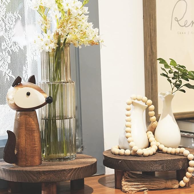 Yangbaga 2pcs Wooden Stool Display Stand, 8.46IN Round Plant Stand Wood-Flower Pot Supports Plant for Indoor Outdoor Home, GardenPatio Decorative