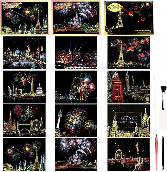 Georgie Porgy Scratch Paper Art Set DIY Arts and Crafts Kits for Kids Adults Magic Rainbow Scratch Postcards for Christmas Birthday Gift with Scratching Tools Kit (Europe Fireworks Architecture)