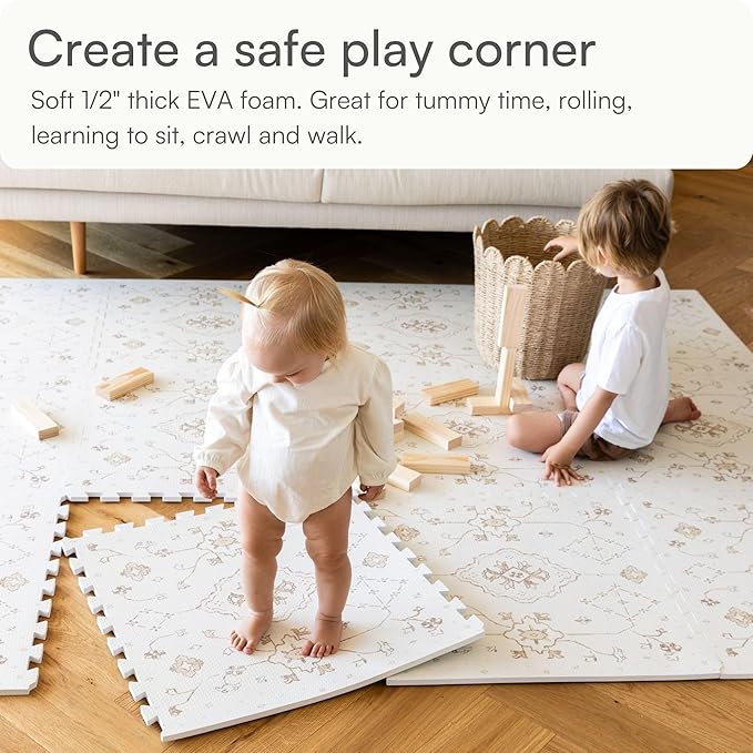 Baby Play Mat for Floor – 6x6ft Vintage Vanilla | Soft Non Toxic Premium EVA Foam Tiles for Tummy Time, Crawling & Playroom – Waterproof Floor Mat for Babies & Toddlers Lillefolk (9 Tiles)