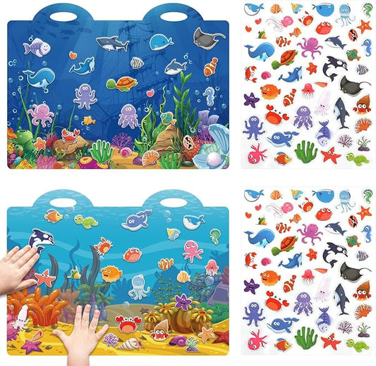 3D Sea Animals Puffy Sticker Play Set Kids 2-4 Toys Gifts Sticker Book Under the Sea Window Gel Clings Decals for Toddlers Home Airplane Classroom Nursery Ocean Party Supplies Decorations Removable 100 Reusable Puffy Stickers 2 Fold-Out Scenes