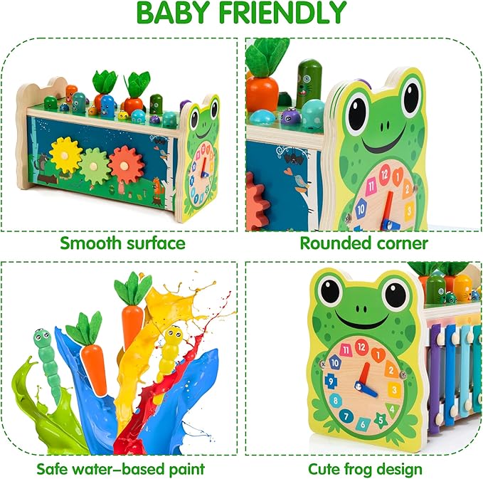 6-in-1 Wooden Montessori Toy with Mole Whacking Game & Xylophone for 1-5 Year Old Toddler, Activity Cube for 12+ Month Baby, Multipurpose Early Learning Toy with Frog Clock, Birthday Gift for Boy/Girl