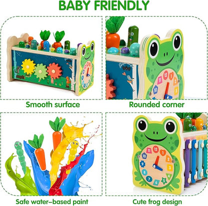 6-in-1 Wooden Montessori Toy with Mole Whacking Game & Xylophone for 1-5 Year Old Toddler, Activity Cube for 12+ Month Baby, Multipurpose Early Learning Toy with Frog Clock, Birthday Gift for Boy/Girl