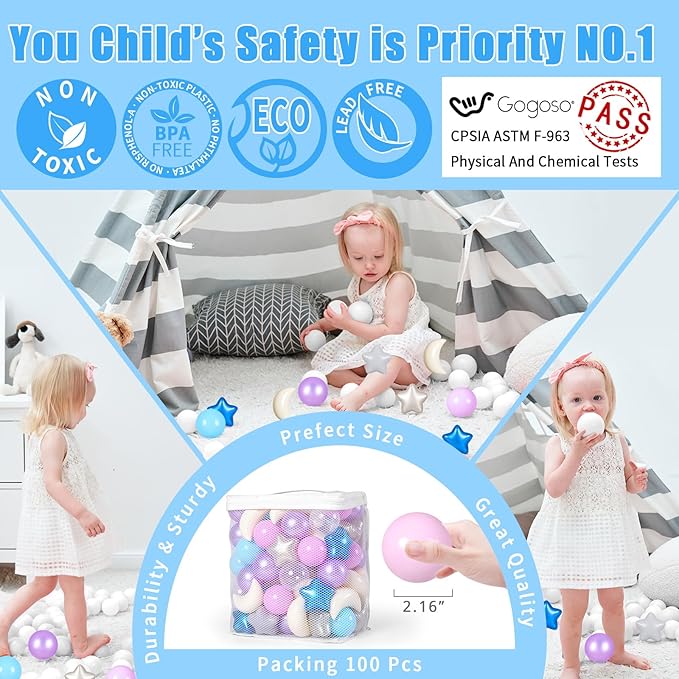 GOGOSO Ball Pit Balls Stars Moon Shapes Plastic Pitballs for Toddler Play Tent Baby Photo Props Kids Pool Water Toys Kiddie Pool Party Decor,Blue Purple,100pcs