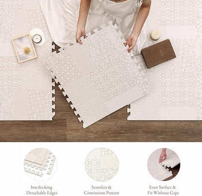 Popsykosy Premium Exercise & Baby Foam Play Mats - Stylish & Large Non-Toxic Puzzle Floor Mat - 6 Tiles - Spacious 6ft x 4ft - Peel-Resistant Reinforced Version - Soft, Thick, Waterproof -Totem Beige