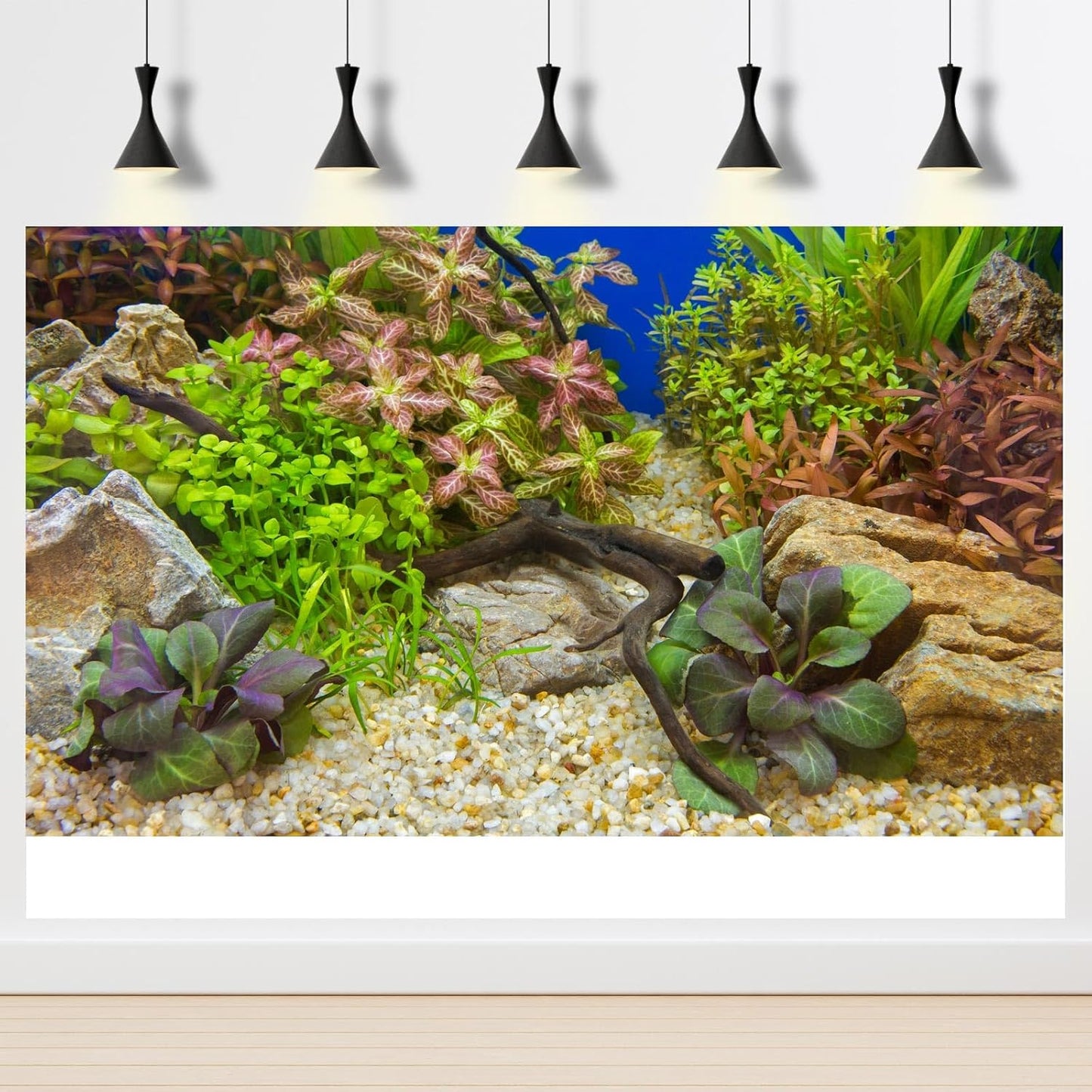 Aquarium Background Various Underwater Grass Plants Pebble Aquarium Backdrop Vivid and Fresh Green Aquatic Plants Stone River Bed and Dead Wood Purple Leaves Tank Background Vinyl 72x18in
