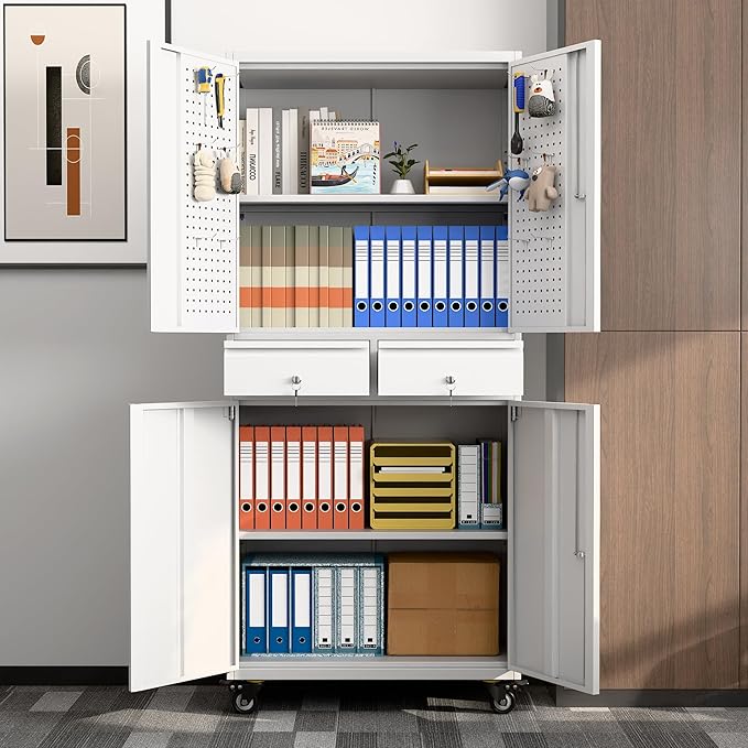 Metal Garage Storage Cabinet with Locking Doors and 2 Adjustable Shelves, Rolling Tool Storage Cabinet with 4 Wheels and 2 Drawer for Garage, Warehouse, White and Gray, Assembly Required