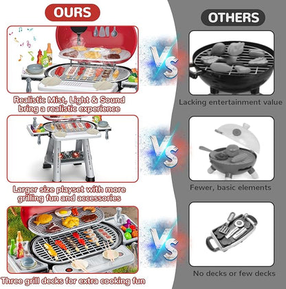 Kids BBQ Grill Playset - 69PCS Kitchen Playset with Smoke, Light, Sound - 2-Layer Toy Grill Barbecue Cooking Set - Pretend Play Food Hamburger, Interactive Toy for Kids 4-8 Boys Girls