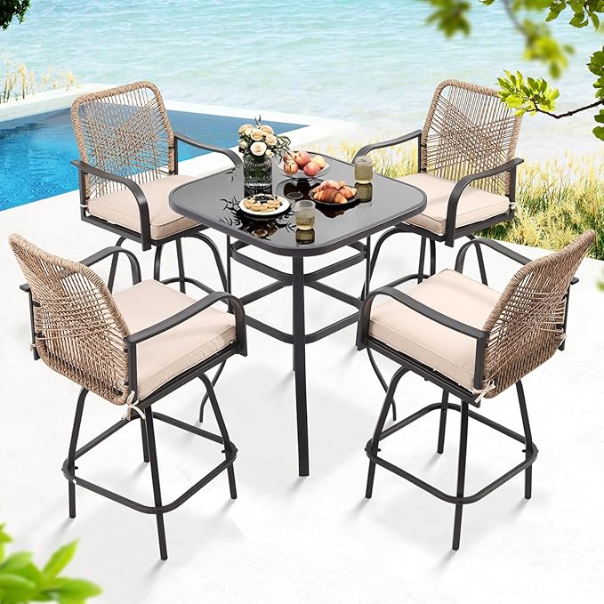 Outdoor Bar Stools Set of 6, Patio Swivel Counter Height Rattan Bar Stools, Patio Wicker Bar Swivel Chairs with Cushion, Outdoor Pool Bar Chairs for Backyard Garden Balcony w /360 Rotation