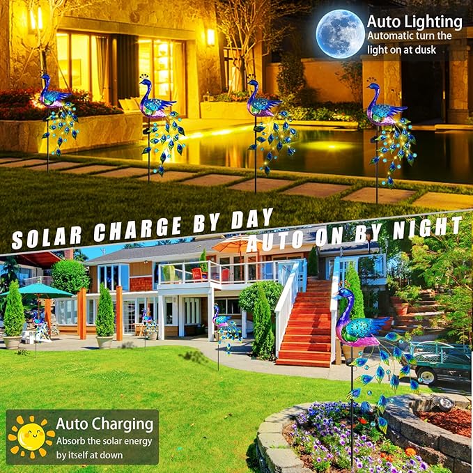 DREAMSOUL Peacock Solar Garden Lights Outdoor Decorative Stake, Waterproof Metal Peacock Garden Decor Solar Powered Landscape LED Path Lights Walkway Patio Decoration Lawn Ornament Christmas Gifts