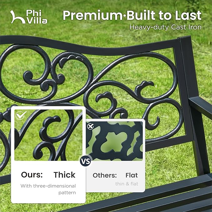 PHI VILLA 50-Inch Cast Iron Steel Frame Garden Bench Outdoor Patio Bench Chair w/Floral Design Backrest, Slatted Seat for Park, Yard & Porch, Black